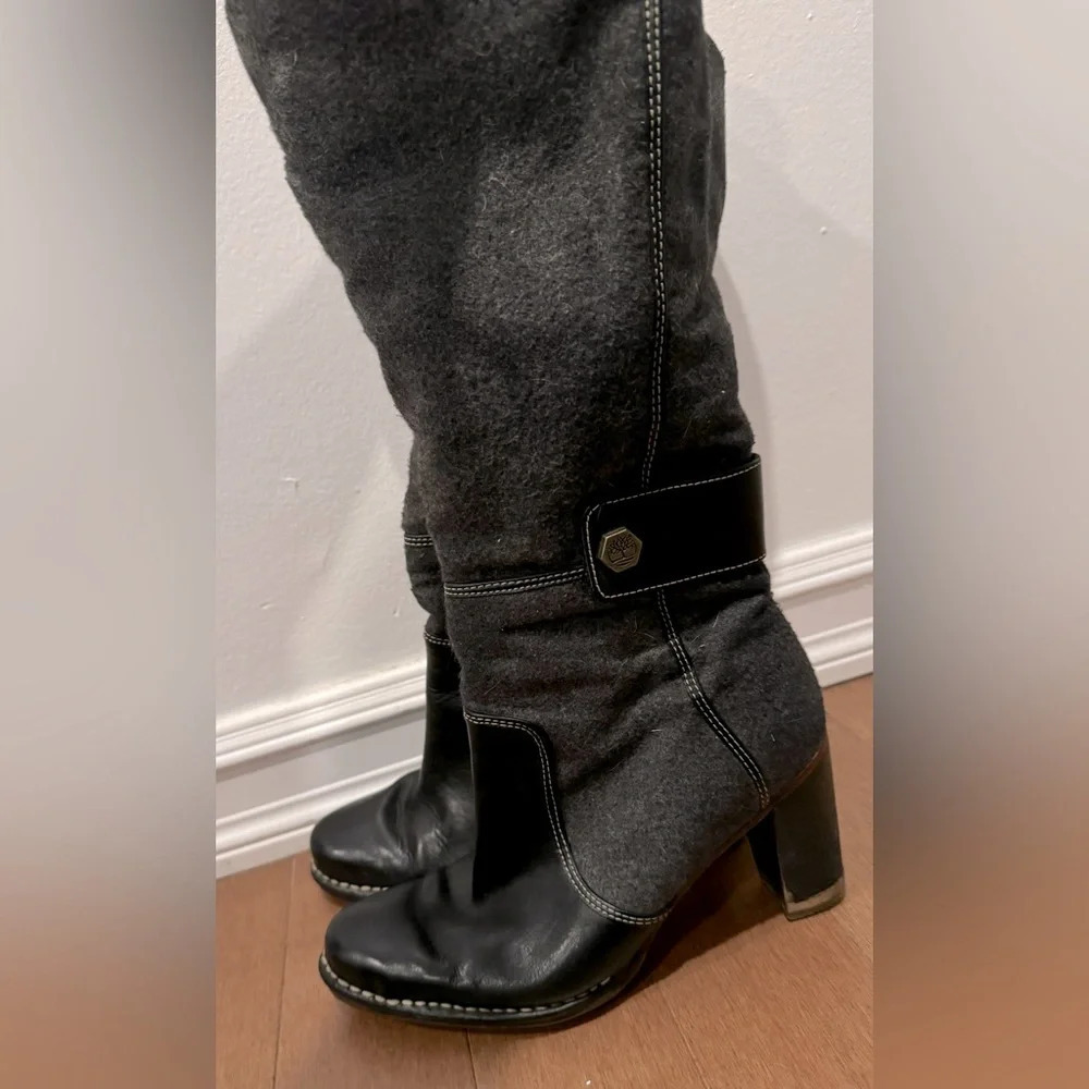 Timberland leather tall boots heels knee high black gray chunky dressy zipper 7